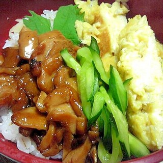 鶏の照り焼きと玉子そぼろにきゅうりの三色丼